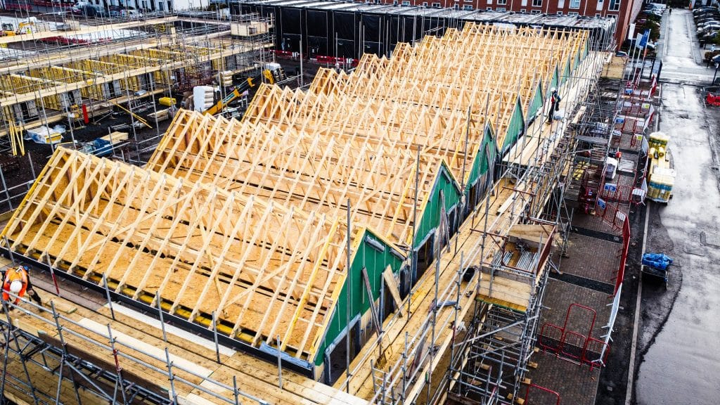 Timber roof structures under construction at Port Loop in Birmingham